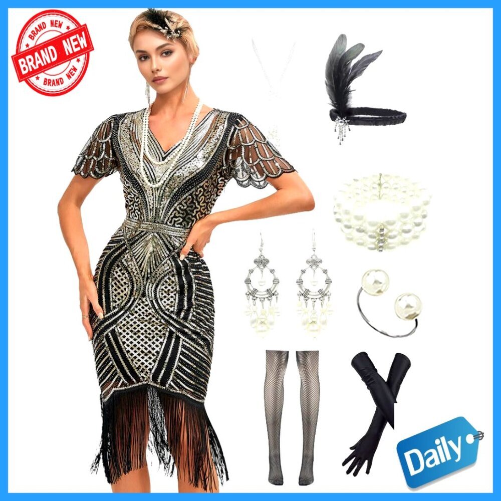 Vintage 1920s Sequin Fringe Flapper Dress with Sleeves and Accessories Set